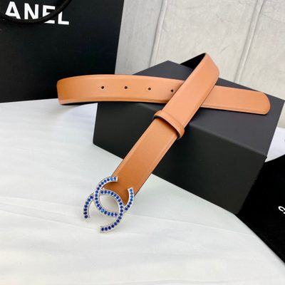 Chanel belt features a camel-colored leather strap and a gold CC logo buckle — 7