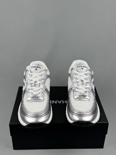 Chanel CC Logo Metallic Trainers in white and silver — 3
