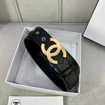 Chanel black quilted leather belt features a distinctive gold-toned CC logo buckle — 5