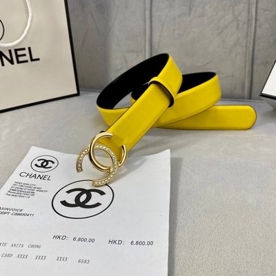 Chanel yellow leather belt features a silver-tone buckle — 6