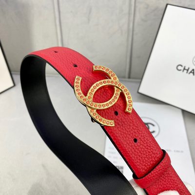 Chanel red leather belt featuring a crystal-embellished CC logo buckle — 6