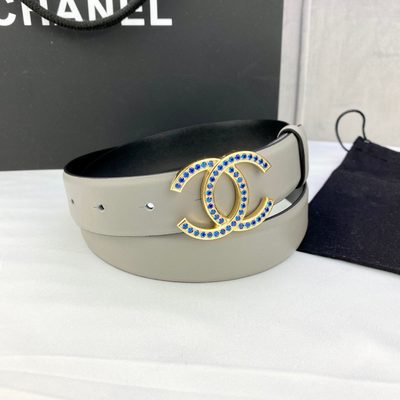Chanel belt features a distinctive light gray leather strap and a CC logo buckle — 9
