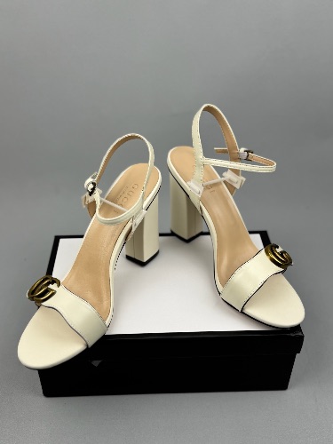 Gucci Marmont White Leather Sandals with a block heel and iconic GG logo hardware — 4