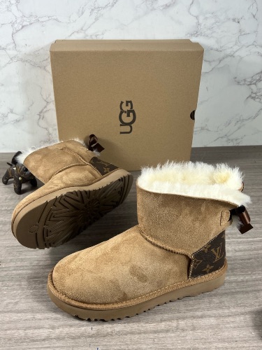 UGG Bailey Bow boots featuring a brown Louis Vuitton monogram