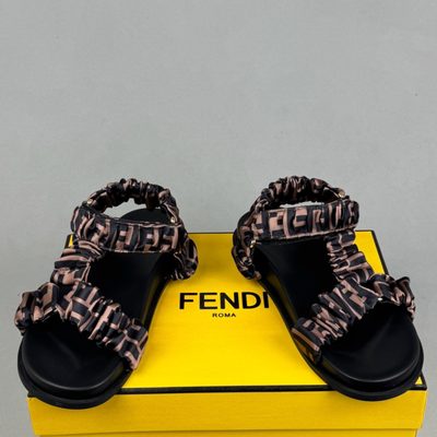 Fendi Feel flat sandals in brown stretch satin with an FF motif — 4
