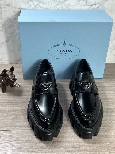 Prada Black Brushed Leather Monolith Loafers — 3