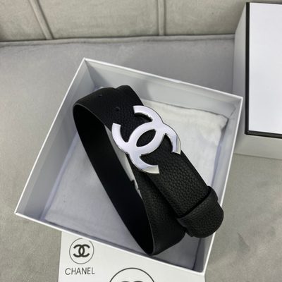 Chanel black leather belt featuring a prominent gold-toned interlocking CC logo buckle — 8