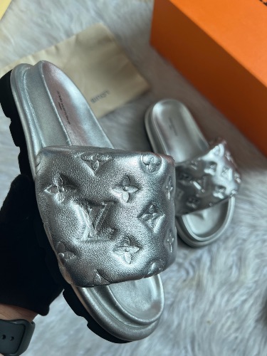 Louis Vuitton silver monogram revival embossed leather slides — 4