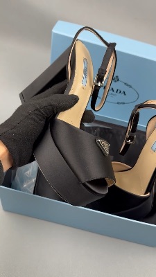 Prada black satin platform sandals with a triangle logo plaque — 5