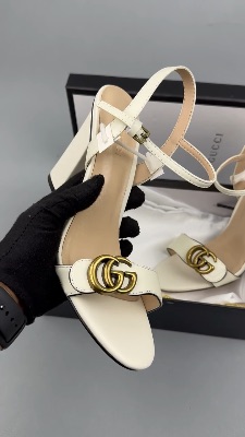 Gucci Marmont White Leather Sandals with a block heel and iconic GG logo hardware — 5