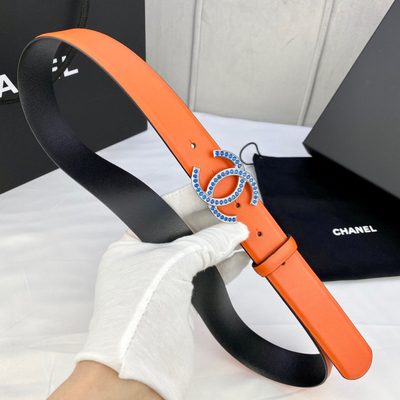 Chanel orange grained calfskin belt featuring a silver-tone interlocking CC buckle with navy blue de — 4