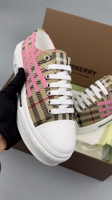 Burberry Women's Pink and Tan Check Platform Sneakers — 5