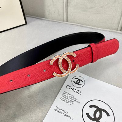 Chanel red leather belt featuring a crystal-embellished CC logo buckle — 4