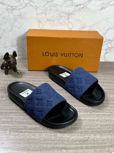 Louis Vuitton blue and black rubber Monogram pool slides