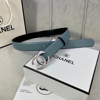 Chanel belt is crafted from light blue leather and features a prominent gold-tone CC logo buckle — 5