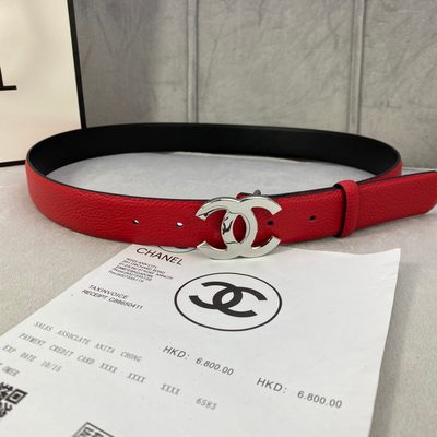 Chanel leather belt crafted from red calfskin leather and featuring a gold-toned metal CC logo buckl — 3