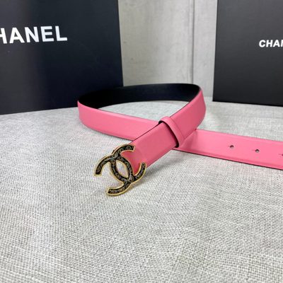 Chanel leather belt features a vibrant pink strap paired with a gold-tone CC buckle — 3