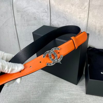 Chanel orange leather belt featuring a silver-tone buckle — 3