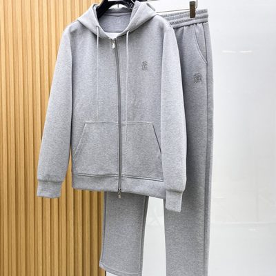 Brunello Cucinelli grey full-zip hooded sweatshirt and matching sweatpants set