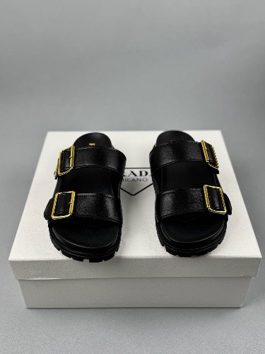 Prada black leather double-buckle sandals — 3
