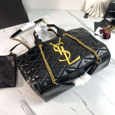 Saint Laurent tote bag featuring a prominent gold-tone YSL monogram logo and chain-link shoulder str — 4