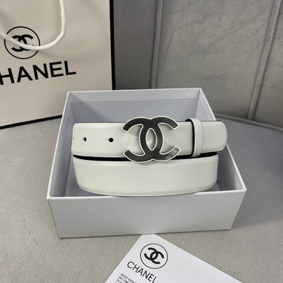 Chanel white calfskin leather belt featuring a prominent black and gold-tone metal CC logo buckle — 5