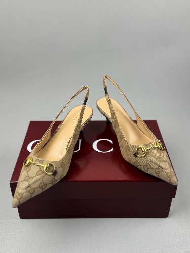 Gucci Horsebit slingback pumps in beige GG canvas — 4