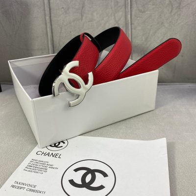 Chanel leather belt crafted from red calfskin leather and featuring a gold-toned metal CC logo buckl — 5