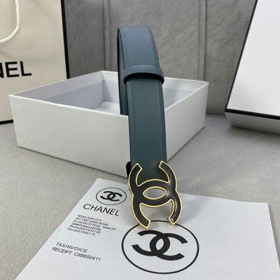 Chanel lambskin leather belt in a blue-gray hue, featuring a distinctive silver-tone interlocking CC — 6