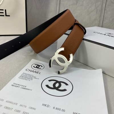 Chanel CC reversible belt features a tan and black calfskin strap with a silver-tone buckle — 3