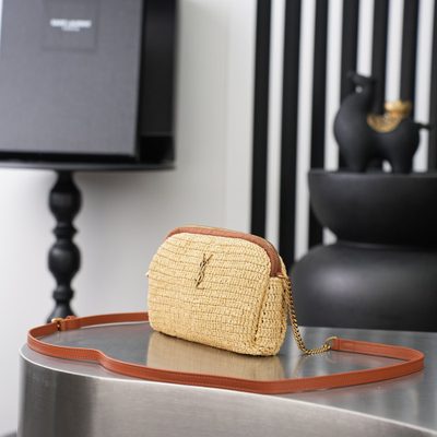 Saint Laurent Gaby leather-trimmed raffia shoulder bag — 7