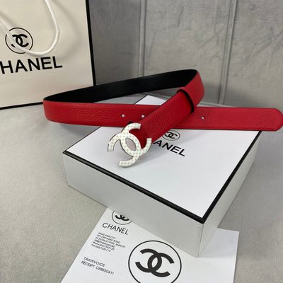 Chanel red leather belt features a gold-tone interlocking CC buckle — 6