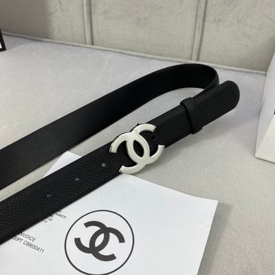 Chanel black leather belt featuring a prominent gold-toned interlocking CC logo buckle — 5