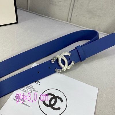 Chanel blue leather belt features a distinctive textured gold CC logo buckle — 8