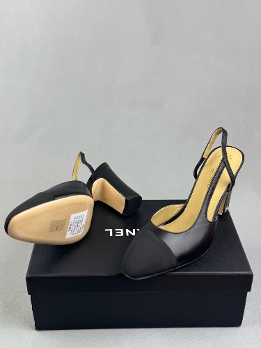 Chanel goatskin and grosgrain black slingback heels