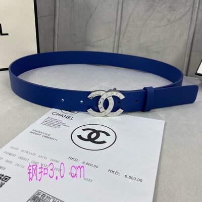 Chanel blue leather belt features a distinctive textured gold CC logo buckle — 4