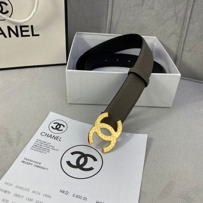 Chanel belt features a silver-tone CC logo buckle engraved with a repeating Chanel logo pattern — 8