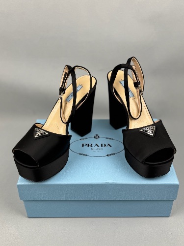 Prada black satin platform sandals with a triangle logo plaque — 4