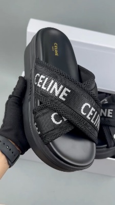 CELINE Block Slide sandals in black mesh, nylon, and textile with jacquard branding — 5