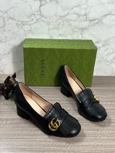 Gucci black leather GG Marmont fringed block heel pumps — 4