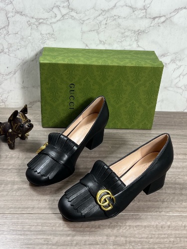 Gucci black leather GG Marmont fringed block heel pumps — 3