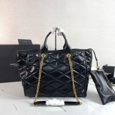 Saint Laurent tote bag featuring a prominent gold-tone YSL monogram logo and chain-link shoulder str — 3