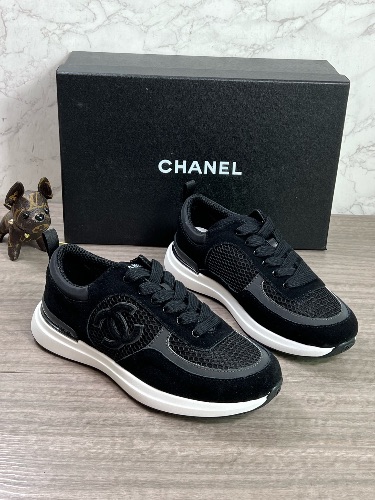 Chanel black mesh and suede trainers