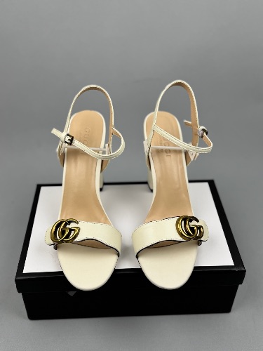 Gucci Marmont White Leather Sandals with a block heel and iconic GG logo hardware — 3