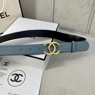 Chanel belt is crafted from light blue leather and features a prominent gold-tone CC logo buckle — 4
