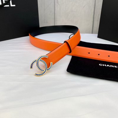 Chanel orange grained calfskin belt featuring a silver-tone interlocking CC buckle with navy blue de — 7