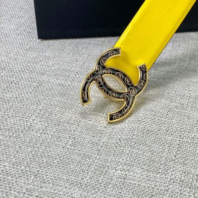 Chanel yellow leather belt features a distinctive black-filled interlocking CC logo buckle — 5