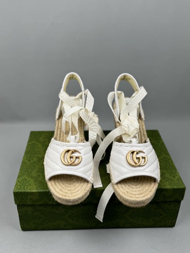 Gucci White Quilted Leather Espadrille Wedges with an ankle tie closure — 3