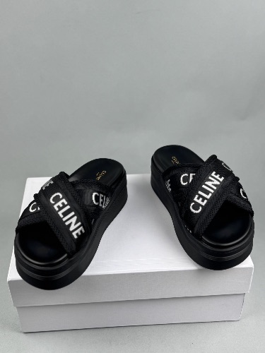 CELINE Block Slide sandals in black mesh, nylon, and textile with jacquard branding — 4