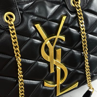Saint Laurent tote bag featuring a prominent gold-tone YSL monogram logo and chain-link shoulder str — 9